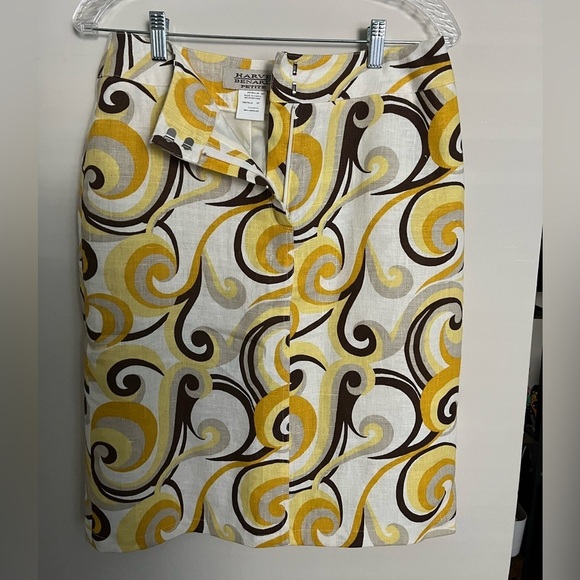 Harvé Benard Women’s Petite Linen Skirt, Yellow/Brown Geometric Pattern; Size 6P - Picture 1 of 11